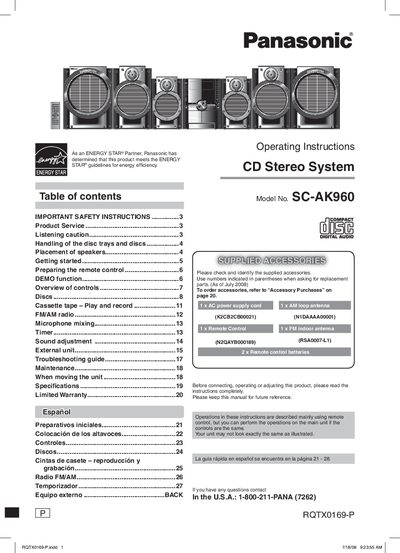 Panasonic SA-AK960 CD Stereo System Operating Instructions  - cover page