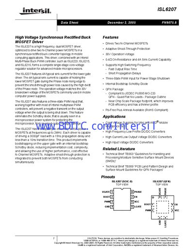 Intersil ISL6207 MOSFET Driver Datasheet - cover page