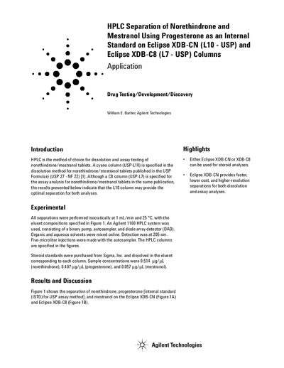 Agilent HPLC Separation of Norethindrone Mestranol Using Progesterone as an Internal Standard on Eclipse XDB-CN (L10 USP) Eclipse XDB-C8 (L7 USP) Columns - cover page