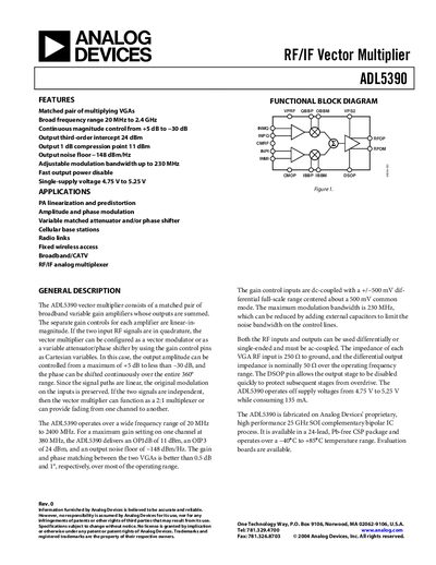 Analog Devices ADL5390 RF/IF Vector Multiplier Datasheet