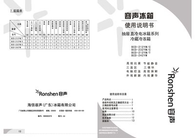 Ronshen BCD-212YM/C BCD-232YM/C BCD-212YM/T BCD-242YM Refrigerator Manual - cover page