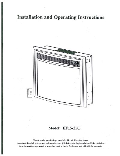 Everlight EF15-25C Electric Fireplace Insert Installation and Operating Instructions - cover page
