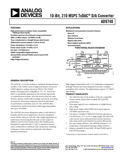 Analog Devices AD9740 10‑Bit 210 MSPS TxDAC® D/A Converter Datasheet - cover page