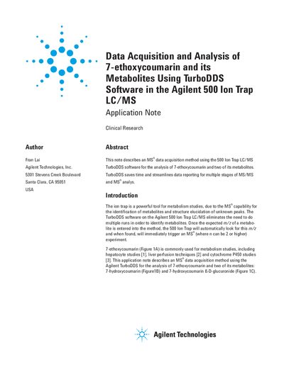 Agilent Data Acquisition Analysis of 7-ethoxycoumarin its Metabolites Using TurboDDS Software in the Agilent 500 Ion Trap LC/MS - cover page