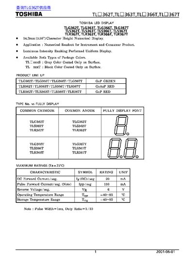 Toshiba TLG363T LED Display Datasheet - cover page