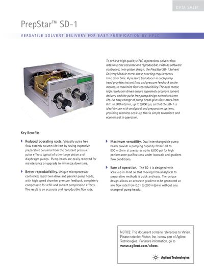 Agilent PrepStar SD-1 Solvent Delivery System Product Leaflet - cover page
