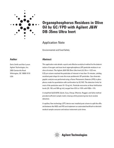 Agilent J&W DB-35ms Ultra Inert Application Note for Organophosphorus Residues in Olive Oil - cover page