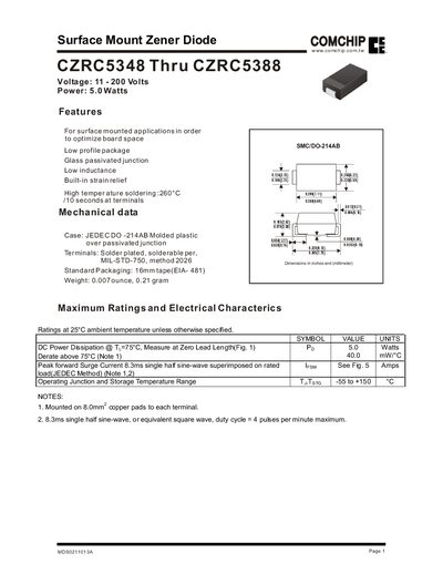 COMCHIP CZRC5348‑CZRC5388 Zener Diode Datasheet - cover page