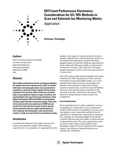 Agilent 5973N Performance electronics: Considerations for GC-MS methods in scan selected-ion monitoring modes Manual - cover page