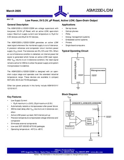 Alliance Semiconductor ASM1233D-L/D/M Low Power 5V/3.3V uP Reset Active LOW Open-Drain Output Datasheet - cover page