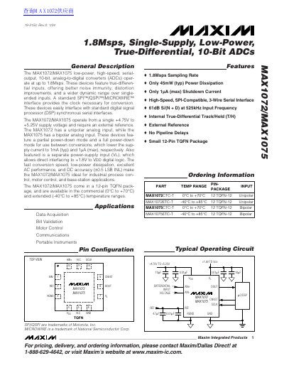 MAX1072/MAX1075 1.8Msps ADC Datasheet - cover page
