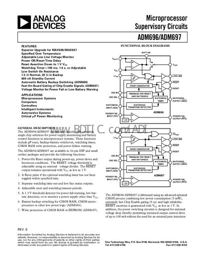 Analog Devices ADM696/ADM697 Supervisory Circuit Datasheet - cover page