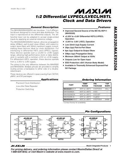 Maxim MAX9320/MAX9320A Differential Driver Datasheet