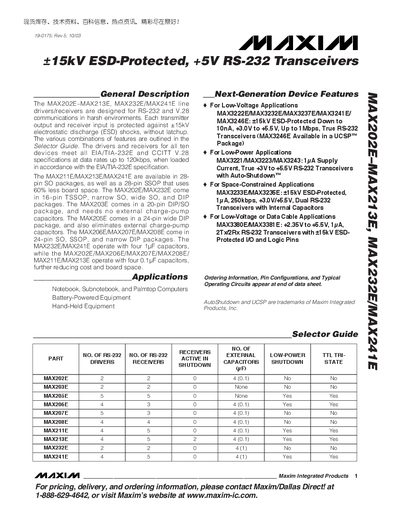 Maxim MAX202E/MAX213E/MAX232E/MAX241E RS-232 Transceiver Datasheet - cover page