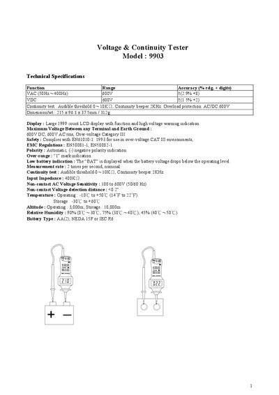 Voltage 9903 Voltage Continuity Tester Handbook - cover page