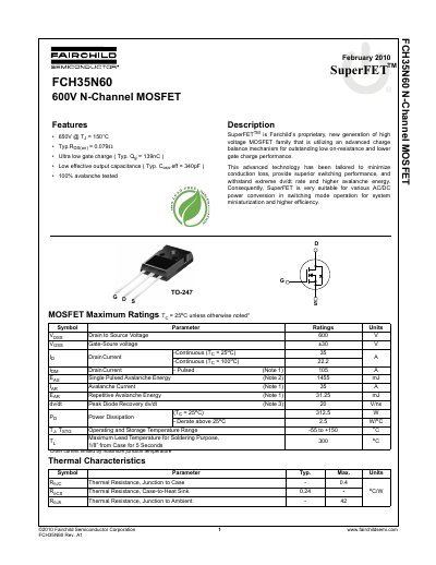 Fairchild FCH35N60 SuperFET MOSFET Datasheet - cover page