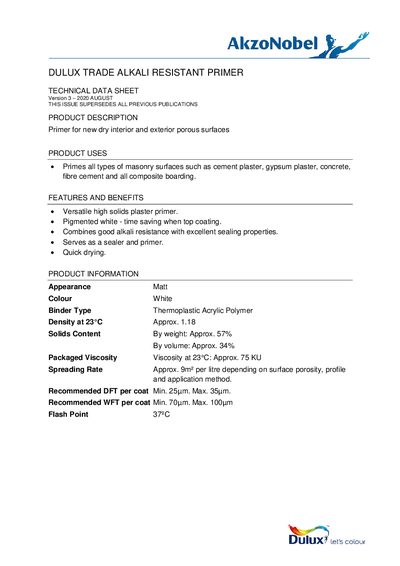 Dulux Trade Alkali Resistant Primer Technical Data Sheet - cover page