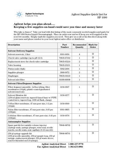 Agilent HP 1090 Series Liquid Chromatograph Supplies Quick List - cover page