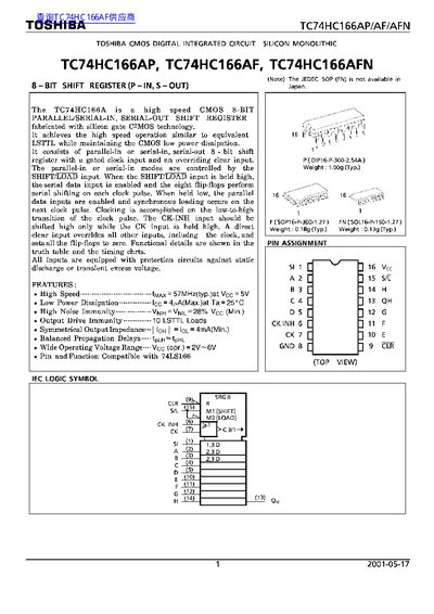 Toshiba TC74HC166AP 8-Bit Shift Register Datasheet - cover page