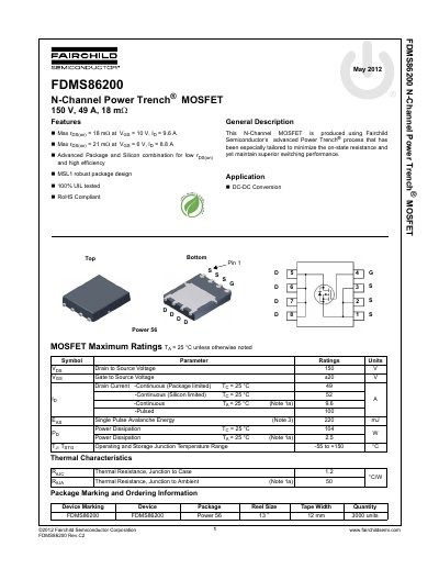 Fairchild Semiconductor FDMS86200 N-Channel Power Trench MOSFET Datasheet - cover page