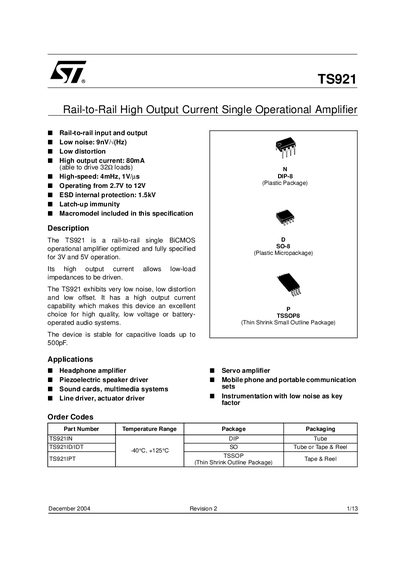 STMicroelectronics TS921 Operational Amplifier Datasheet - cover page