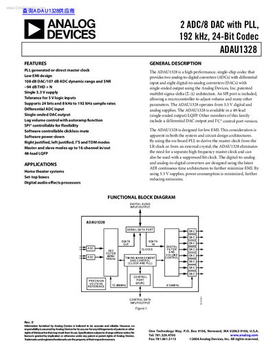 ANALOG DEVICES ADAU1328 2 ADC/8 DAC with PLL 192 kHz 24-Bit Codec handbook
