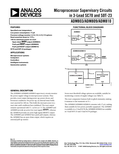 Analog Devices ADM803/ADM809/ADM810 Microprocessor Supervisory Circuit Datasheet - cover page