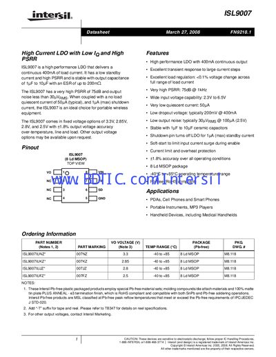 Intersil ISL9007 High‑Current LDO Datasheet - cover page