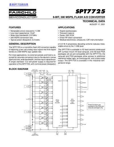Fairchild SPT7725 8-Bit 300 MSPS Flash A/D Converter Technical Data - cover page