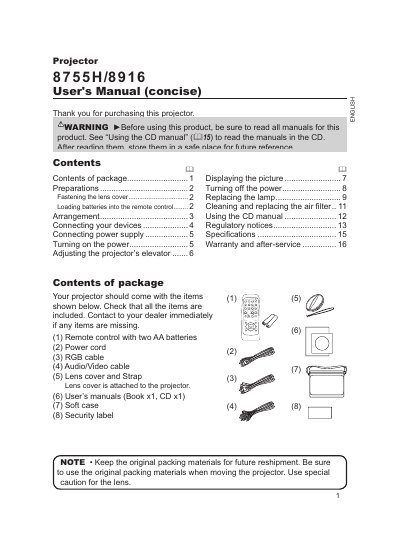 Hitachi 8755H/8916 Projector User's Manual (concise) - cover page