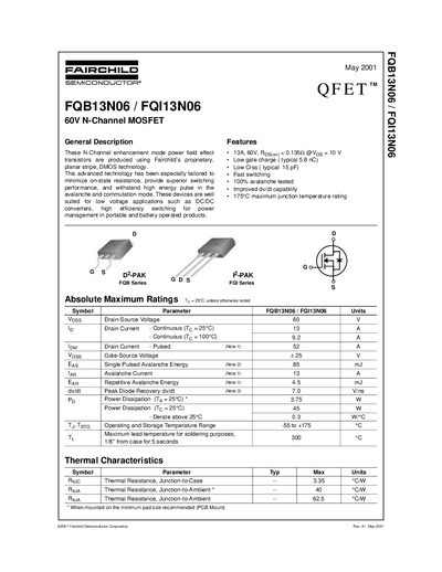 Fairchild FQB13N06/FQI13N06 60V N-Channel MOSFET Datasheet - cover page