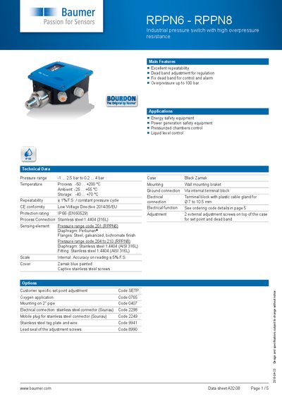 Baumer RPPN6 - RPPN8 Industrial Pressure Switch Datasheet - cover page