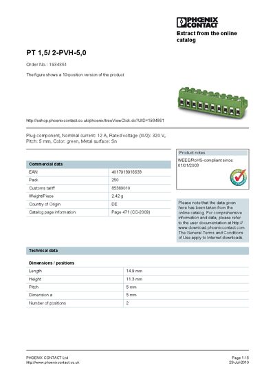 PHOENIX CONTACT PT 1 5/ 2-PVH-5 0 Order No.: 1934861 The figure shows a 10-position version of the product handbook - cover page