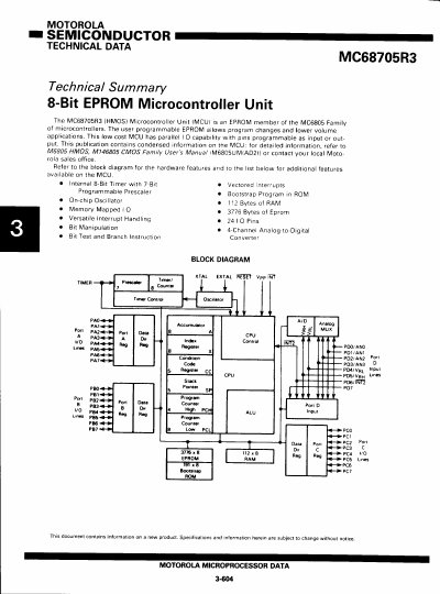 Motorola MC68705R3 8-Bit EPROM Microcontroller Data Sheet - cover page