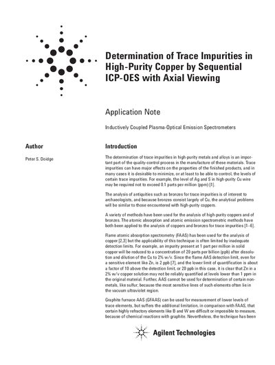 Agilent Liberty Series II Determination of Trace Impurities in Copper by Axial ICP-OES Application Note - cover page