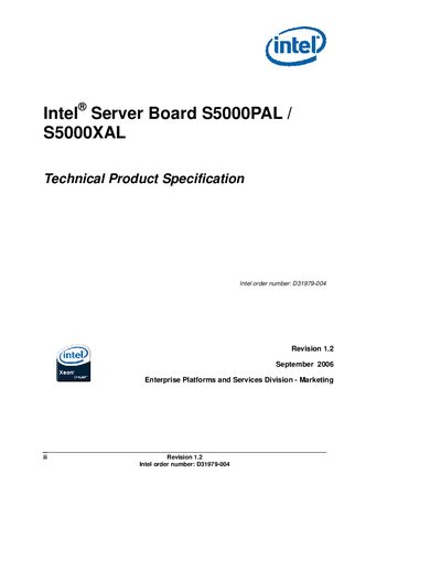 Intel S5000PAL / S5000XAL Server Board Technical Product Specification - cover page