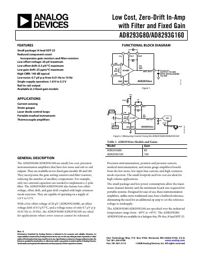 Analog Devices AD8293G80/AD8293G160 Instrumentation Amplifier Datasheet - cover page