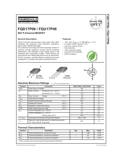 Fairchild FQD17P06 P-Channel MOSFET Datasheet - cover page