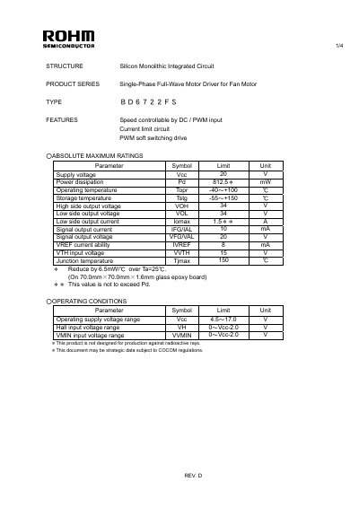ROHM BD6722FS8S Motor Driver Datasheet - cover page