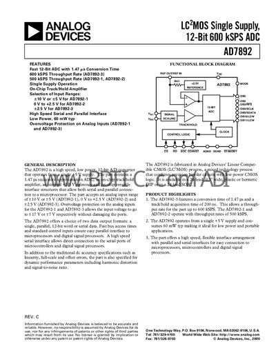Analog Devices AD7892 Datasheet - cover page