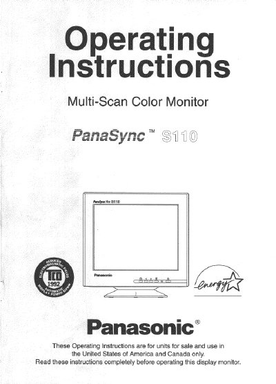 Panasonic S110 Multi-Scan Color Monitor Operating Instructions