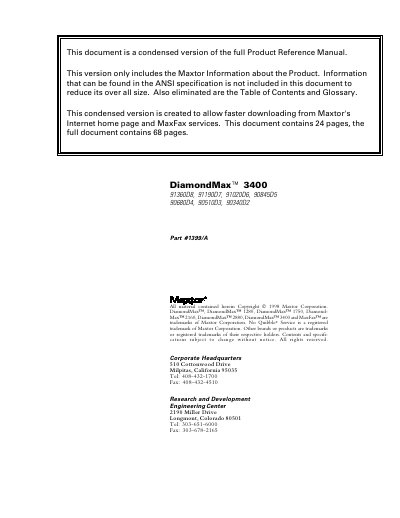 Maxtor DiamondMax™ 3400 AT Hard Disk Drive Datasheet - cover page
