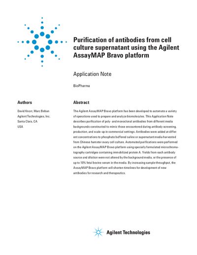 Purification of antibodies using the Agilent AssayMAP Bravo platform Application Note - cover page