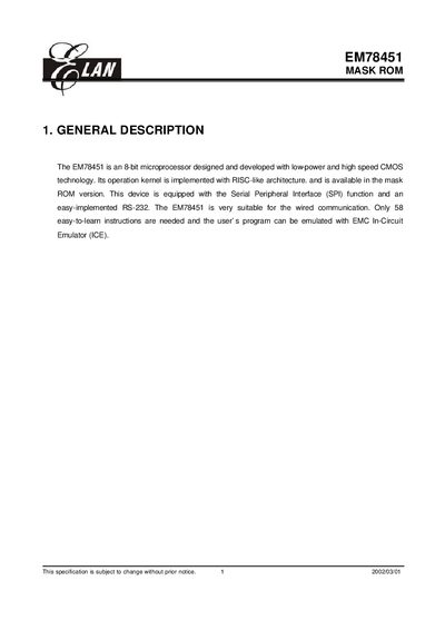 ELAN EM78451 Mask ROM Datasheet - cover page