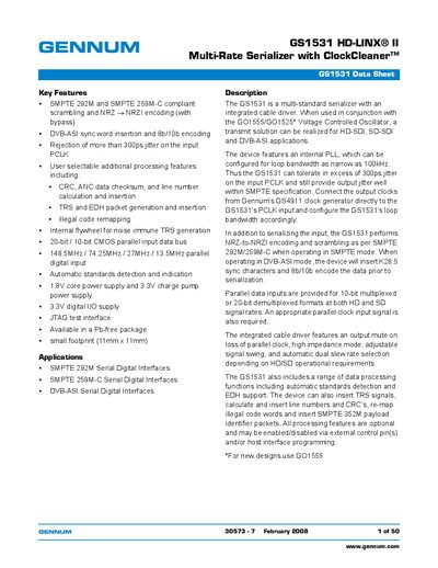 Gennum GS1531 HD-LINX II Datasheet - cover page