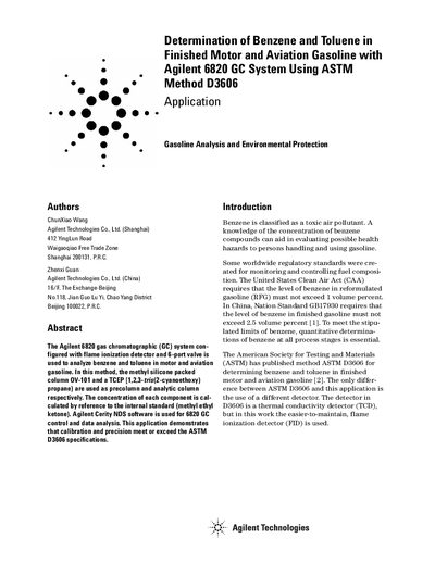 Agilent 6820 GC System Application Note for Determination of Benzene and Toluene in Gasoline Using ASTM D3606 - cover page
