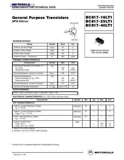  General Purpose Transistors NPN Silicon BC817-16LT1 BC817-25LT1 BC817-40LT1 handbook - cover page