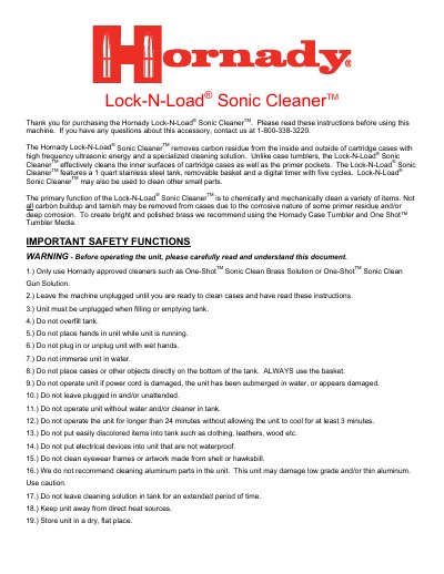 Hornady Lock-N-Load Sonic Cleaner User Manual - cover page