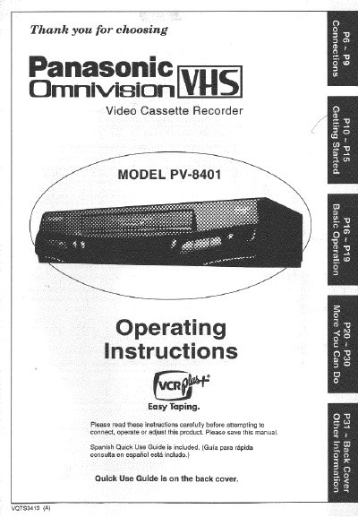 Panasonic PV-8401 Video Cassette Recorder Operating Instructions - cover page