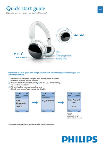 Philips SHB9001WT Bluetooth Stereo Headset Quick Start Guide